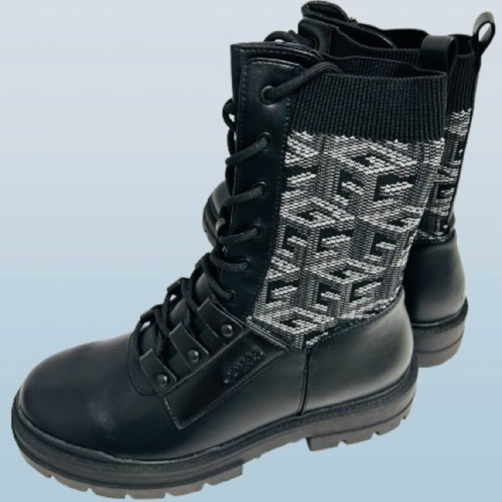 Guess Women’s Odalis Combat Boots 10M Black Logo Knit with Lace Up Closure